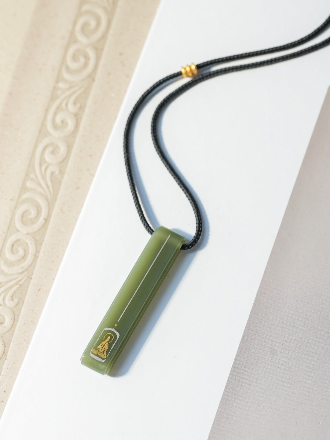 Gold & Silver Inlaid Nephrite Bar Pendant