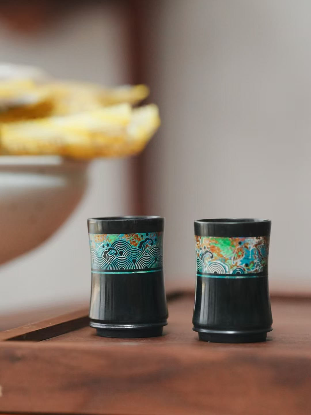 Green Jade Bamboo Cup with Lacquer Inlay