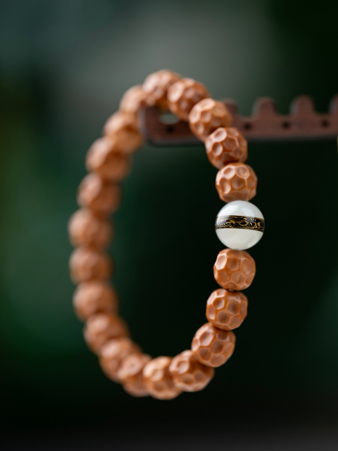 Sandalwood Beaded Bracelet with Inlaid Jade Accent