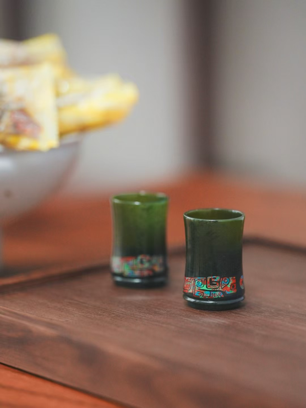 Green Jade Bamboo Cup with Lacquer Inlay