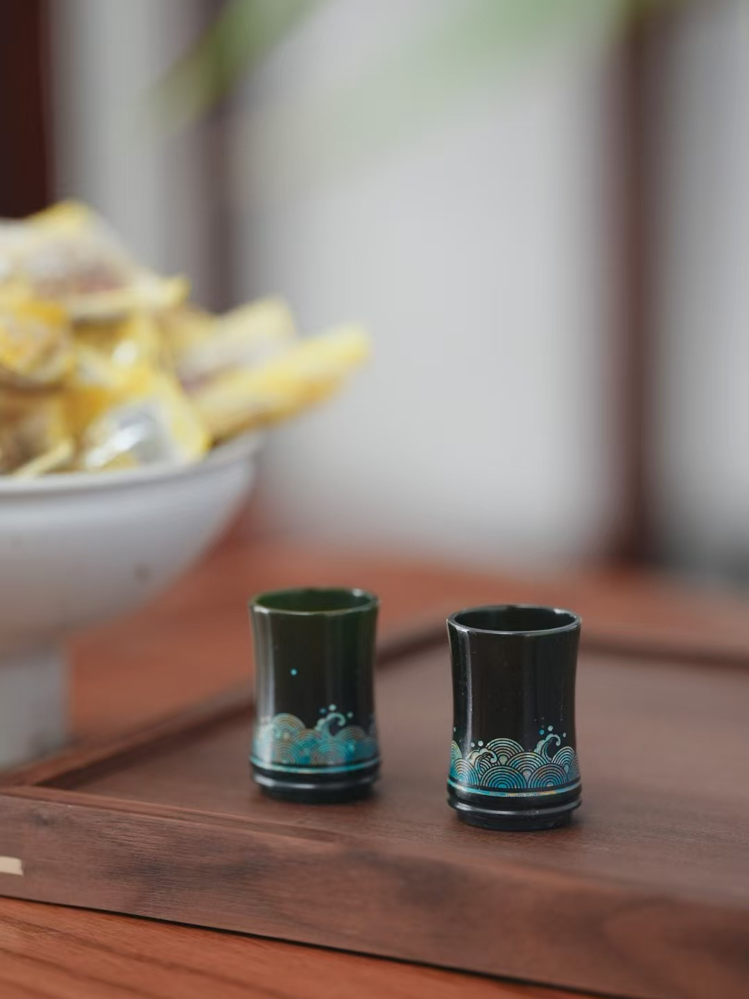 Green Jade Bamboo Cup with Lacquer Inlay