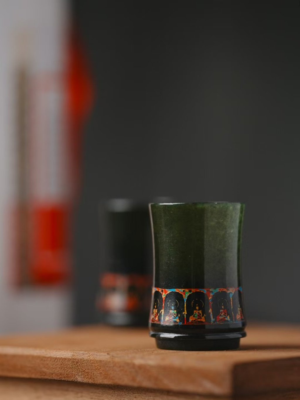 Green Jade Bamboo Cup with Lacquer Inlay