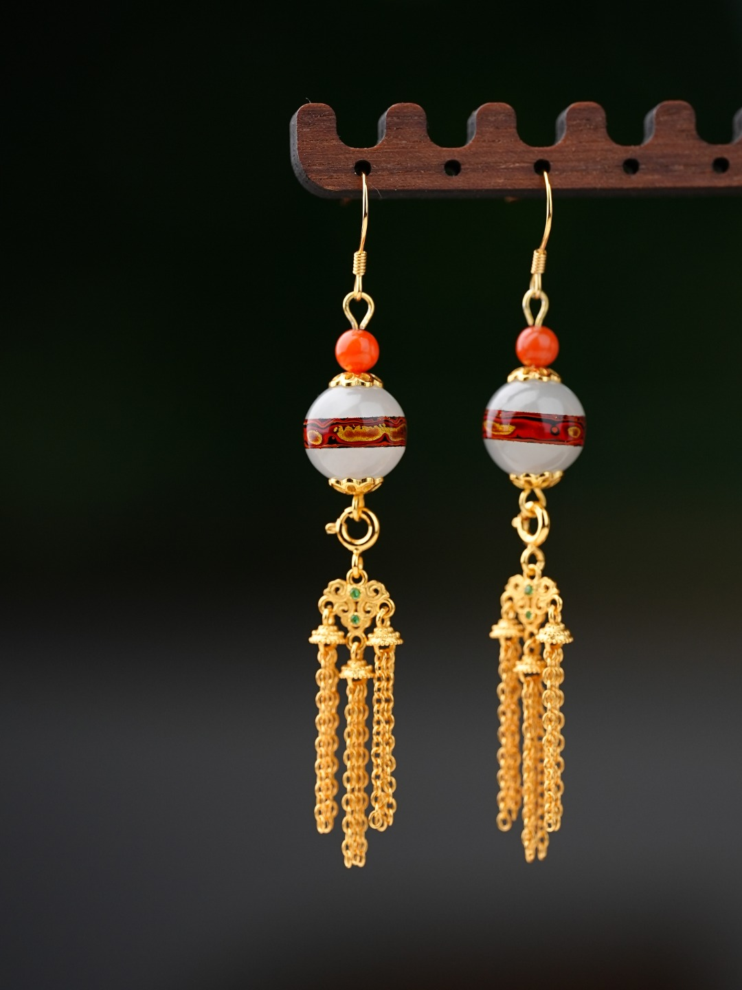Lacquered Jade & Silver Tassel Earrings