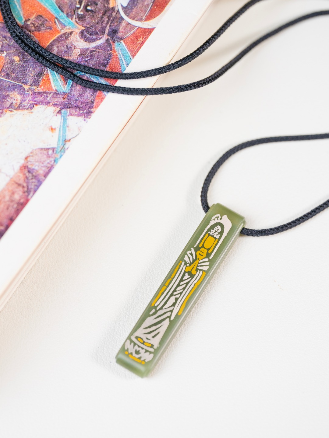 Gold & Silver Inlaid Nephrite Bar Pendant