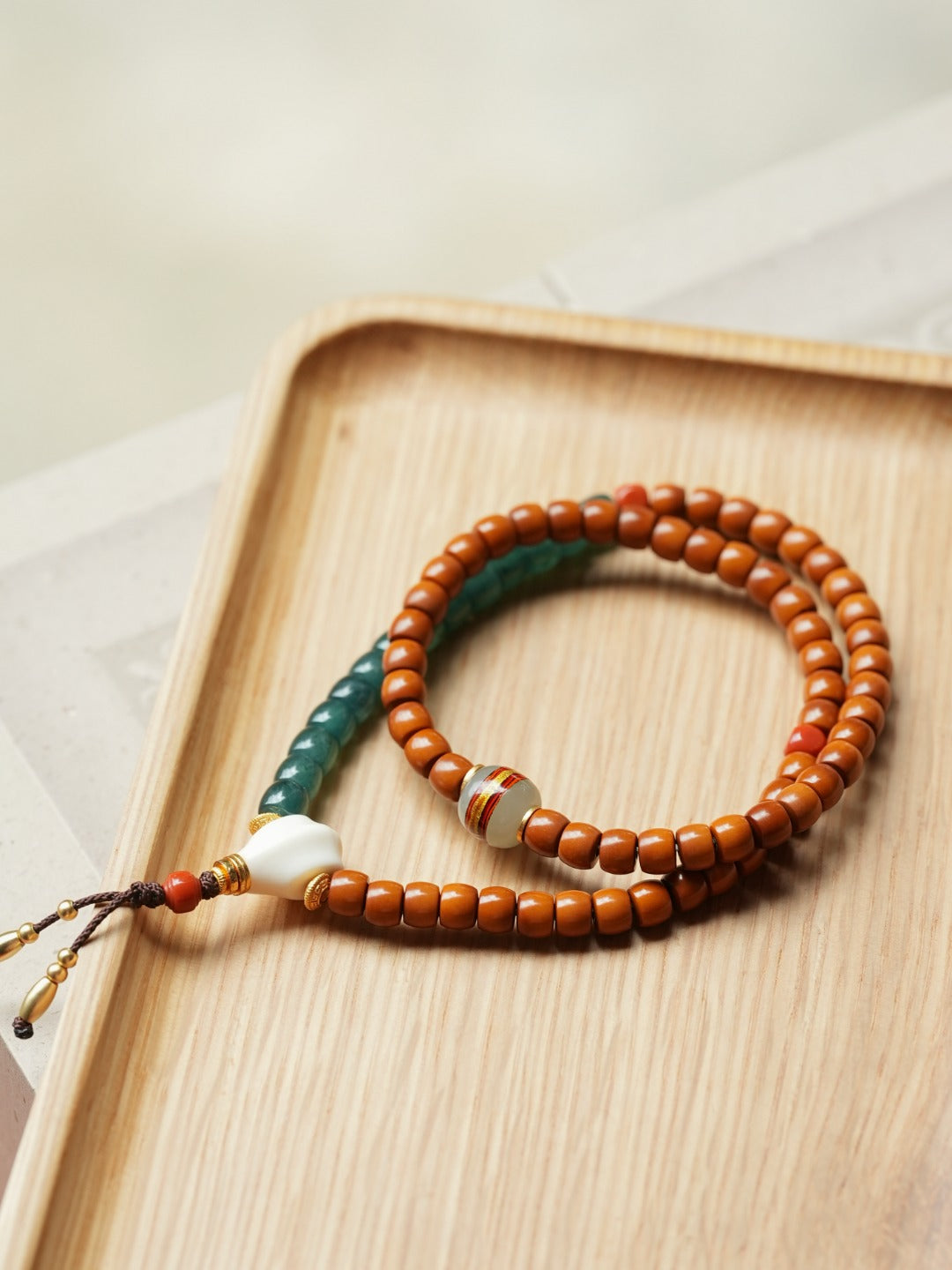 Sandalwood & Azure Jade Mala Bracelet